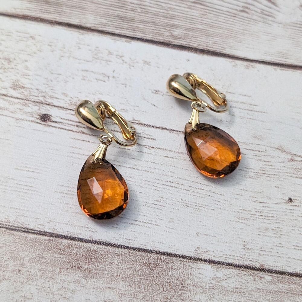 Vintage Sarah Clip On Earrings Orange Gem Dangle